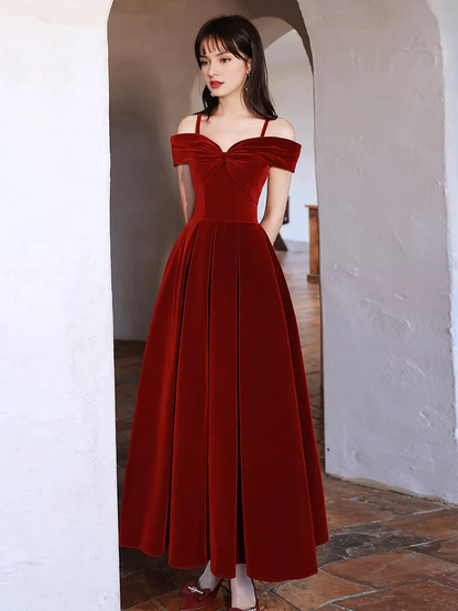 Fashion Simple Off Shoulder A-Line Tea Length Velvet Bow collar Prom Dress Temperament Elegant Party dress