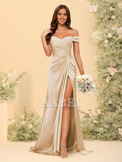Bridesmaid Dresses Elegant Off Shoulder Mermaid Side Fork Long Ruched Satin Wedding Guest Dresses
