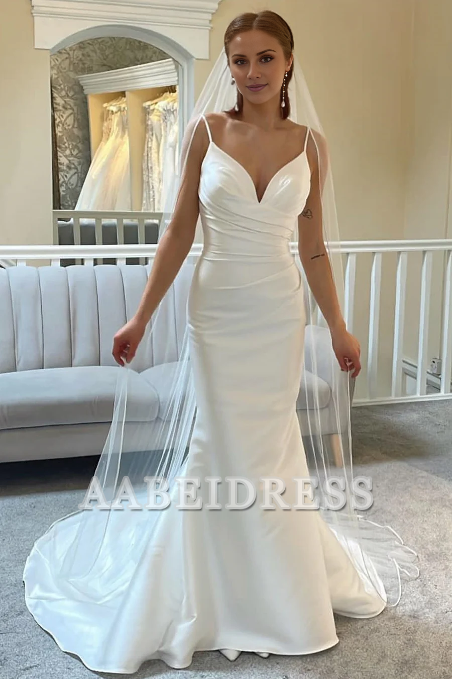 AABEI DRESS Exquisite Charming Wedding Dress Sweetheart Spaghetti Strap Backless Trumpet Pleated Long Formal Dresses