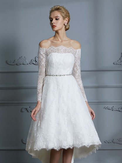 Wedding Dresses Princess Long Sleeves Off-the-Shoulder Asymmetrical Lace