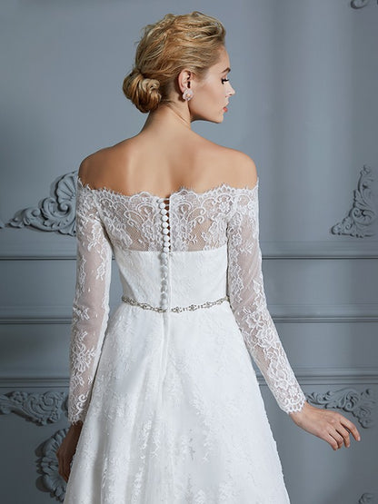 Wedding Dresses Princess Long Sleeves Off-the-Shoulder Asymmetrical Lace