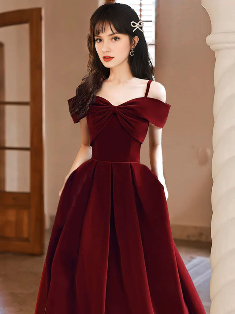 Fashion Simple Off Shoulder A-Line Tea Length Velvet Bow collar Prom Dress Temperament Elegant Party dress