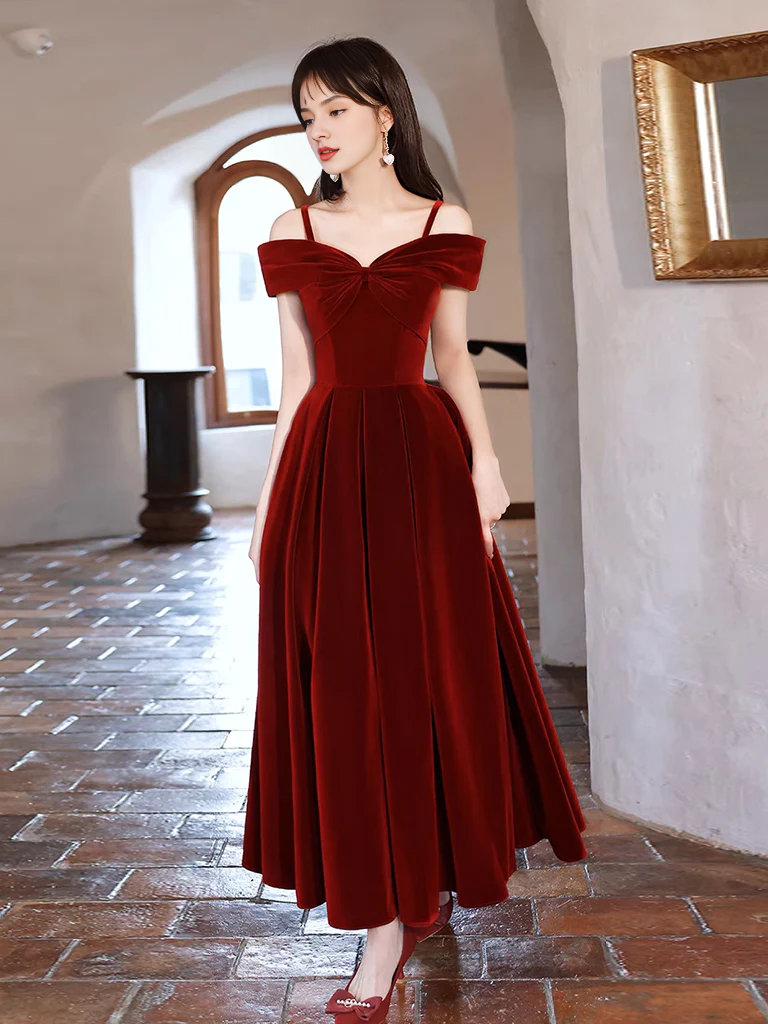 Fashion Simple Off Shoulder A-Line Tea Length Velvet Bow collar Prom Dress Temperament Elegant Party dress