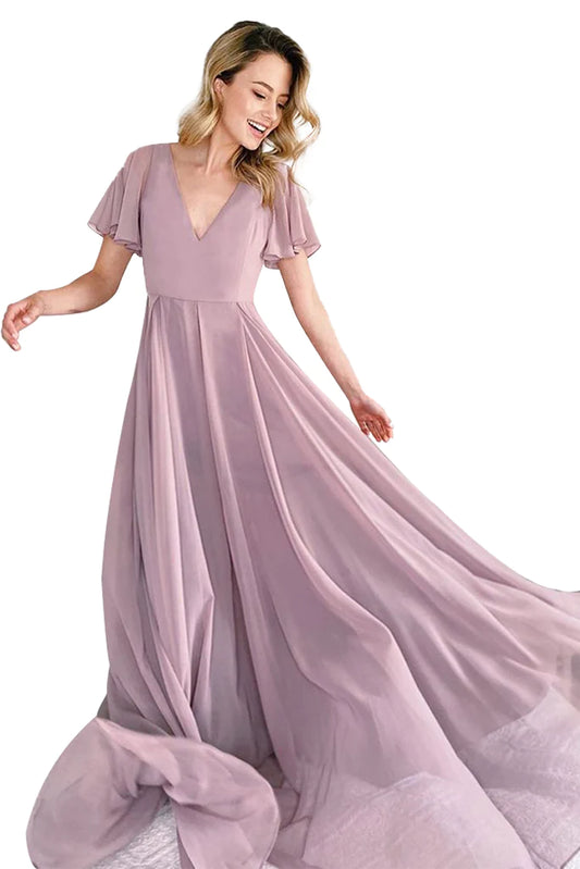 Kenley Natural Waist Short Sleeves A-Line/Princess Floor Length Chiffon V-Neck Bridesmaid Dresses