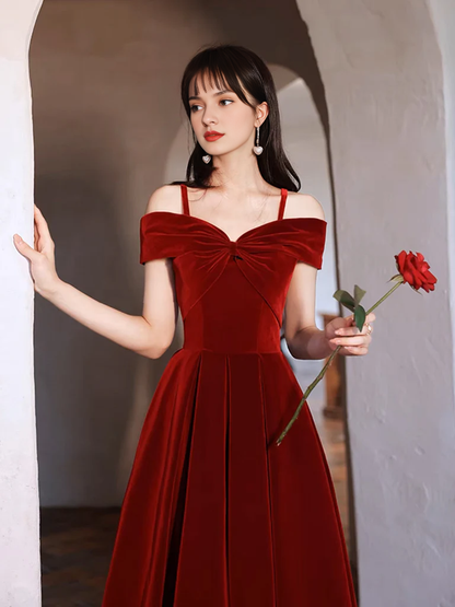 Fashion Simple Off Shoulder A-Line Tea Length Velvet Bow collar Prom Dress Temperament Elegant Party dress