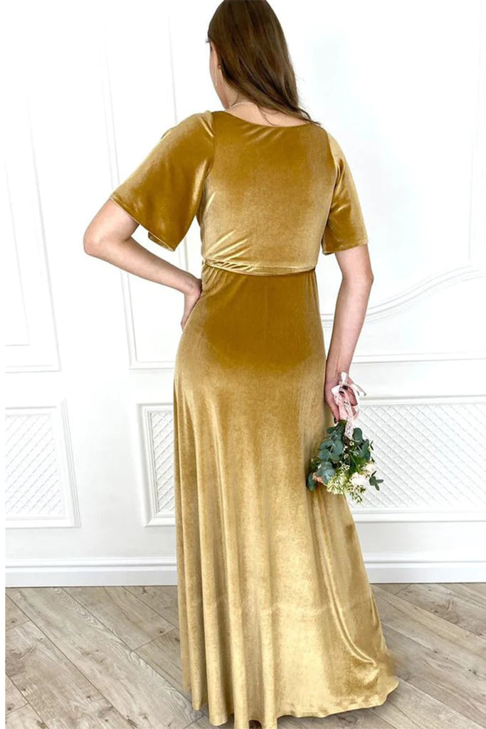 Maren Floor Length Short Sleeves V-Neck Velvet A-Line/Princess Natural Waist Bridesmaid Dresses