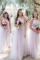 Savanah A-Line/Princess Natural Waist Sleeveless One Shoulder Floor Length Tulle Bridesmaid Dresses