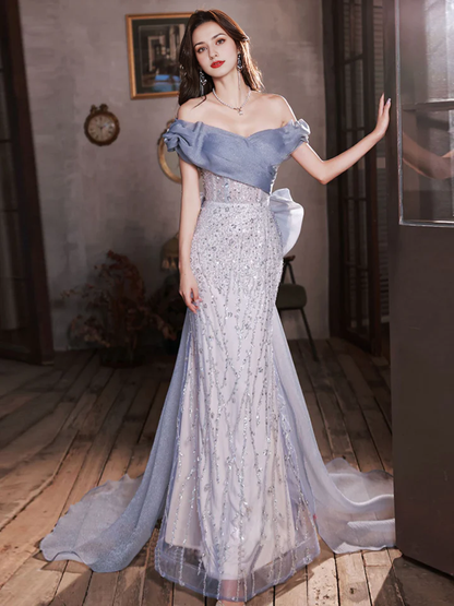 Fantastic Off Shoulder Tulle Sequin Shining Long Prom Dress Mermaid Cultivate oneself Luxury Party dress