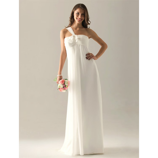 Sheath / Column Bridesmaid Dress One Shoulder Sleeveless Elegant Floor Length Chiffon with Bow(s) / Pleats / Ruched