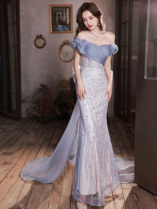 Fantastic Off Shoulder Tulle Sequin Shining Long Prom Dress Mermaid Cultivate oneself Luxury Party dress