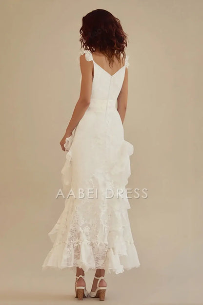 AABEI DRESS Hot Sale Homecoming Dress A-Line V-Neck Ankle Length Lace Ruffles Fashion Graduation Dress