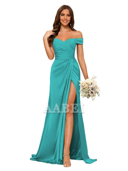 Bridesmaid Dresses Elegant Off Shoulder Mermaid Side Fork Long Ruched Satin Wedding Guest Dresses