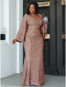 Mermaid / Trumpet Wedding Guest Dresses Plus Size Dress Cocktail Party Floor Length Long Sleeve Scoop Neck Sequined with Glitter