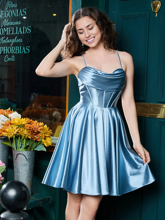 Homecoming Dresses Spaghetti Straps Lace-Up Satin Mini Dress