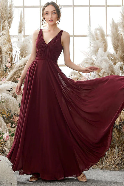 Leanna Floor Length Chiffon Natural Waist Sleeveless V-Neck A-Line/Princess Bridesmaid Dresses