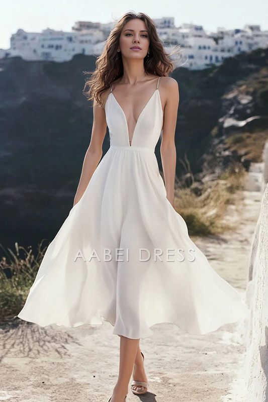 AABEI DRESS Hot Sale Homecoming Dress Flowy A Line Deep V Neck Spaghetti Straps Simple Tea-Length Graduation Dress