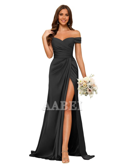 Bridesmaid Dresses Elegant Off Shoulder Mermaid Side Fork Long Ruched Satin Wedding Guest Dresses