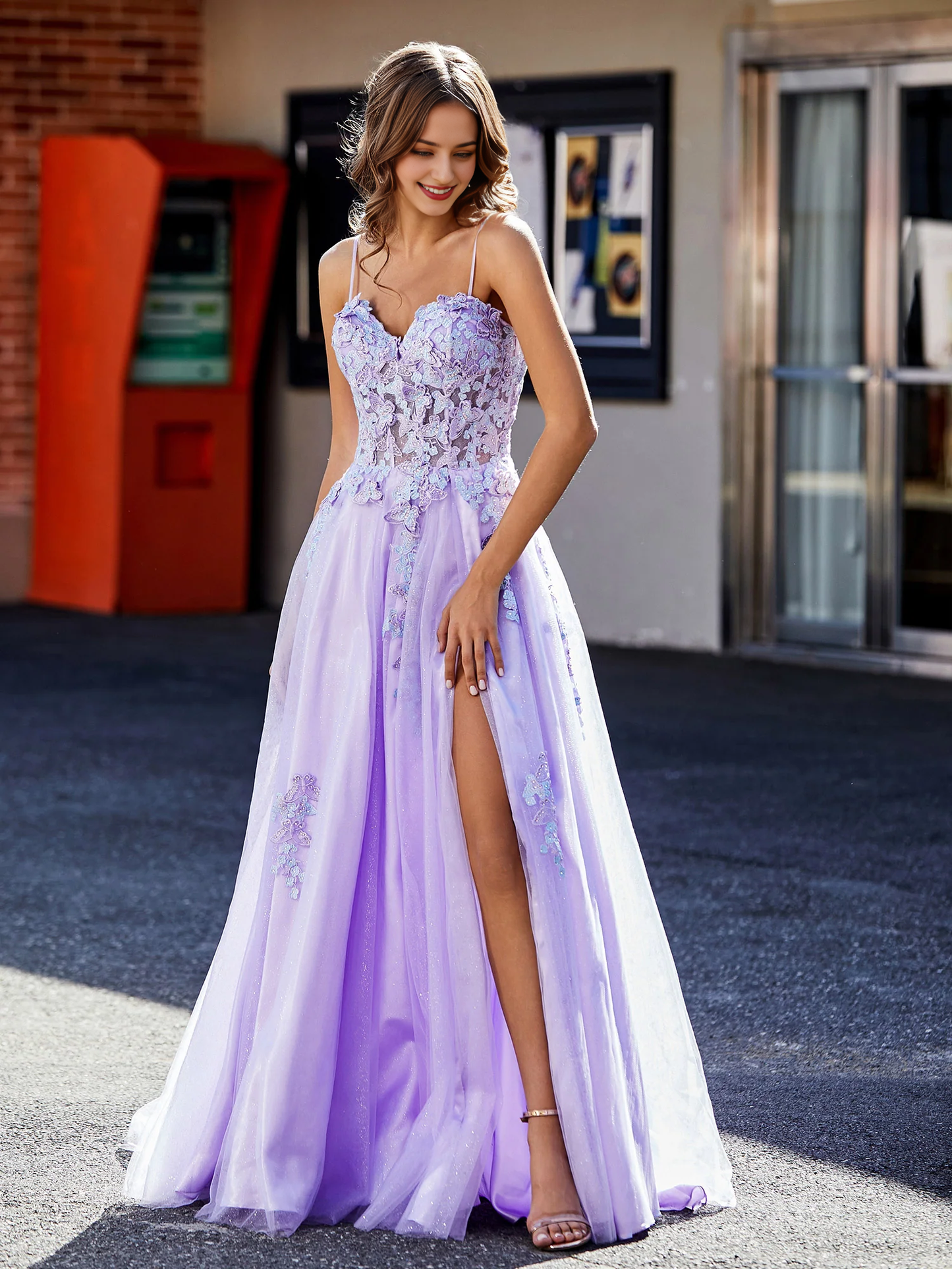 A Line Prom Dress Applique Top Tulle Gown With Slit Dress