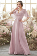 A-Line/Princess Chiffon Spaghetti Straps Short Sleeves Floor Length Natural Waist Bridesmaid Dresses