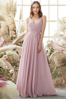 Angelique Floor Length Natural Waist Sleeveless Chiffon A-Line/Princess V-Neck Bridesmaid Dresses