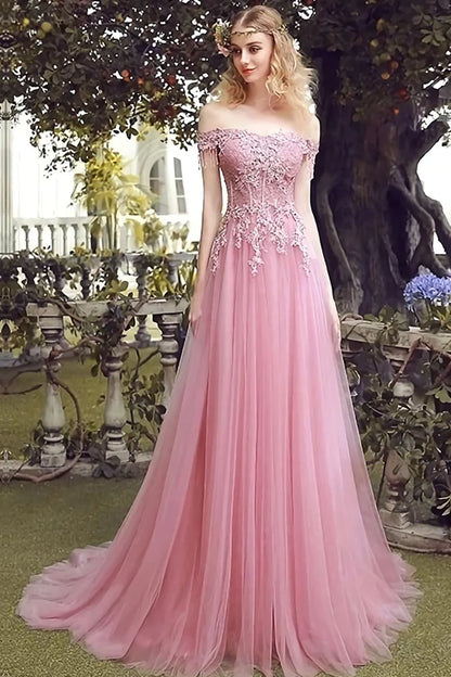 Aurora Off The Shoulder Tulle Natural Waist A-Line/Princess Sleeveless Sweep-Brush Train Bridesmaid Dresses