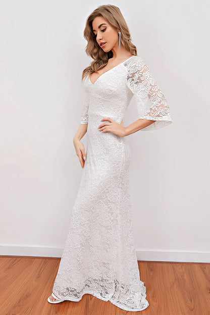 Charlize Trumpet/Mermaid V-Neck Lace Natural Waist 3/4 Length Sleeve Sweep-Brush Train Bridesmaid Dresses