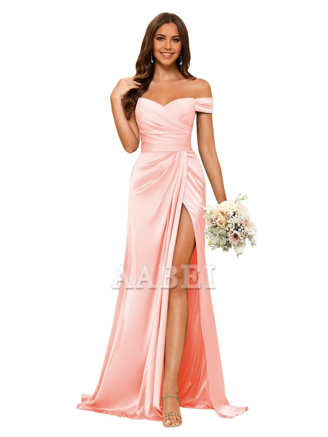 Bridesmaid Dresses Elegant Off Shoulder Mermaid Side Fork Long Ruched Satin Wedding Guest Dresses