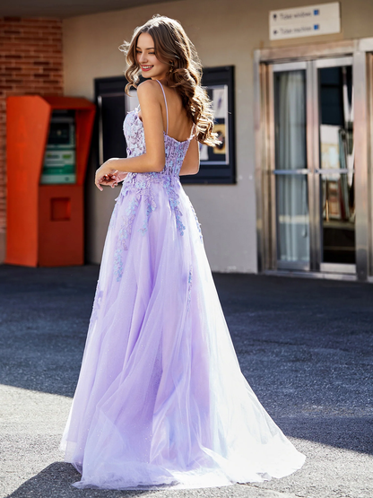 A Line Prom Dress Applique Top Tulle Gown With Slit Dress