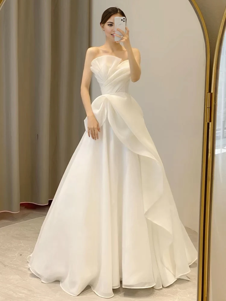 Wedding Dress Strapless A Line Chiffon Sweet Irregular Formal Dresses