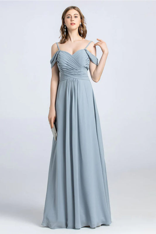 Addyson A-Line/Princess Spaghetti Straps Off The Shoulder Natural Waist Chiffon Sleeveless Floor Length Bridesmaid Dresses