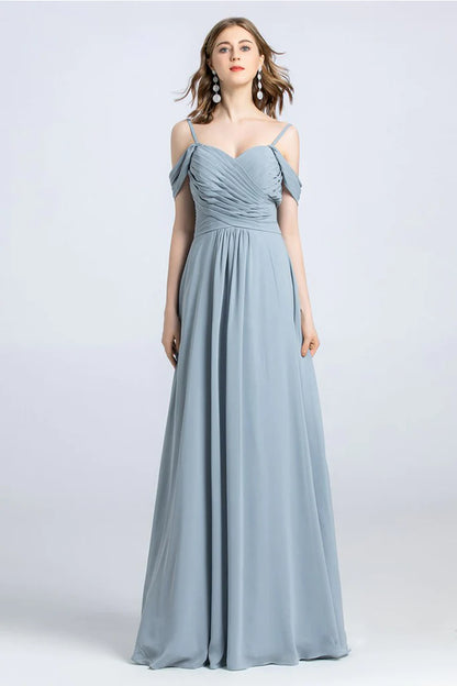 Addyson A-Line/Princess Spaghetti Straps Off The Shoulder Natural Waist Chiffon Sleeveless Floor Length Bridesmaid Dresses