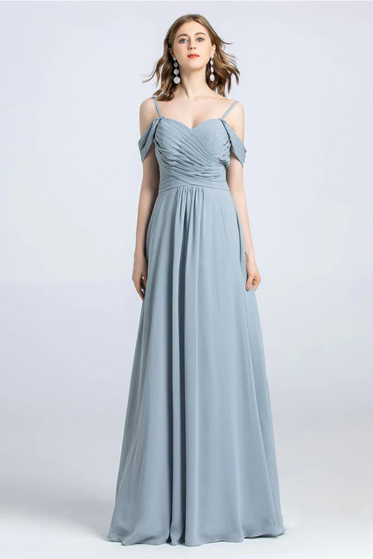 Addyson A-Line/Princess Spaghetti Straps Off The Shoulder Natural Waist Chiffon Sleeveless Floor Length Bridesmaid Dresses