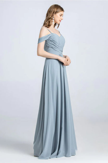 Addyson A-Line/Princess Spaghetti Straps Off The Shoulder Natural Waist Chiffon Sleeveless Floor Length Bridesmaid Dresses