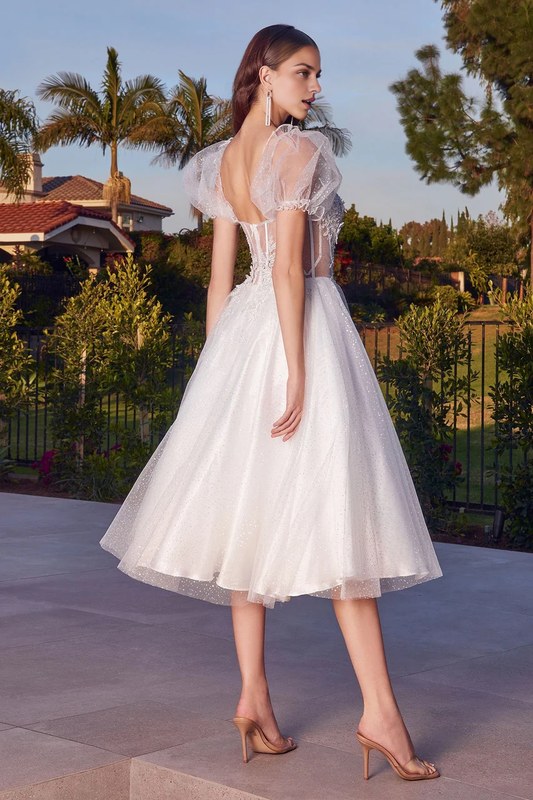 Wedding Dress A-Line Lace Bodice Puff Sleeves Layered Glitter Tulle Skirt Formal Wear Dresses