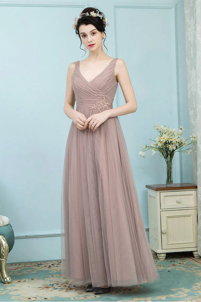 Bridget Floor Length Sleeveless V-Neck Tulle A-Line/Princess Natural Waist Bridesmaid Dresses