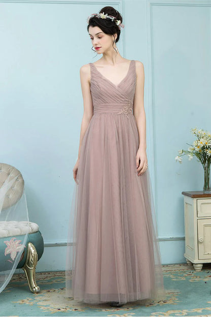 Bridget Floor Length Sleeveless V-Neck Tulle A-Line/Princess Natural Waist Bridesmaid Dresses