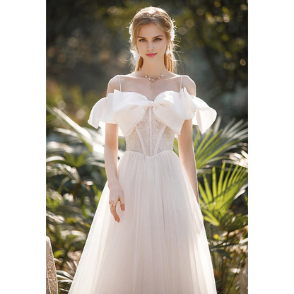 Wedding Dress Spaghetti Strap Bow knot Neck Fantastic Atmosphere Long Formal Wear Dresses Without a veil