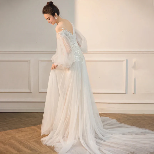 Wedding Dress Long Sleeves Fairy Bridal Off Shoulder Train Lace Applique Formal Wear Dresses
