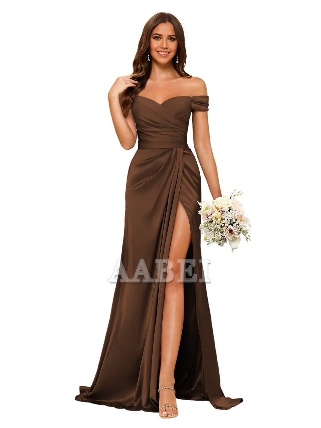 Bridesmaid Dresses Elegant Off Shoulder Mermaid Side Fork Long Ruched Satin Wedding Guest Dresses