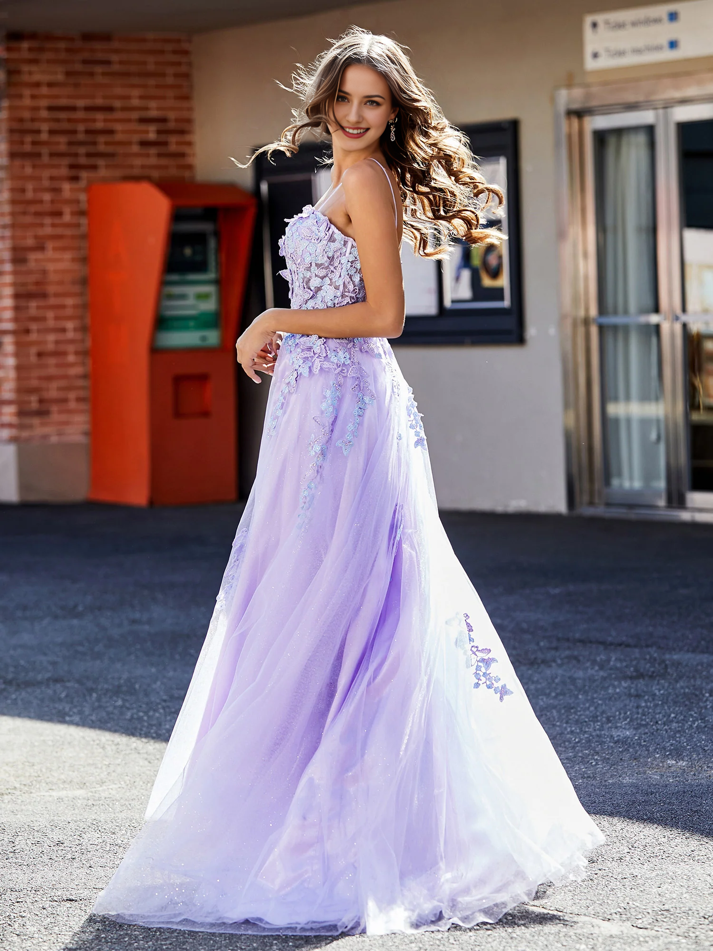 A Line Prom Dress Applique Top Tulle Gown With Slit Dress