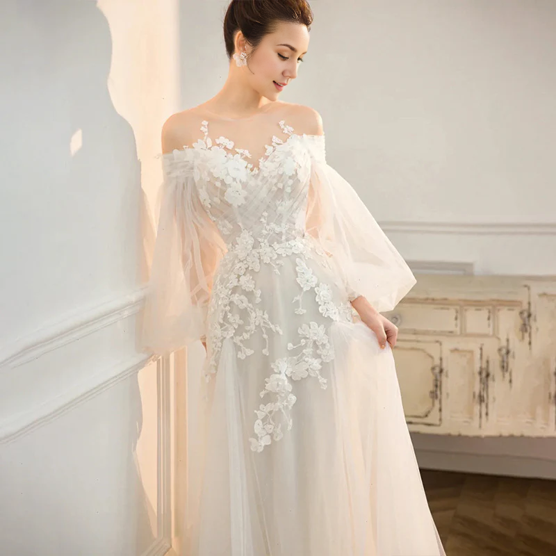 Wedding Dress Long Sleeves Fairy Bridal Off Shoulder Train Lace Applique Formal Wear Dresses