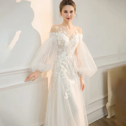 Wedding Dress Long Sleeves Fairy Bridal Off Shoulder Train Lace Applique Formal Wear Dresses