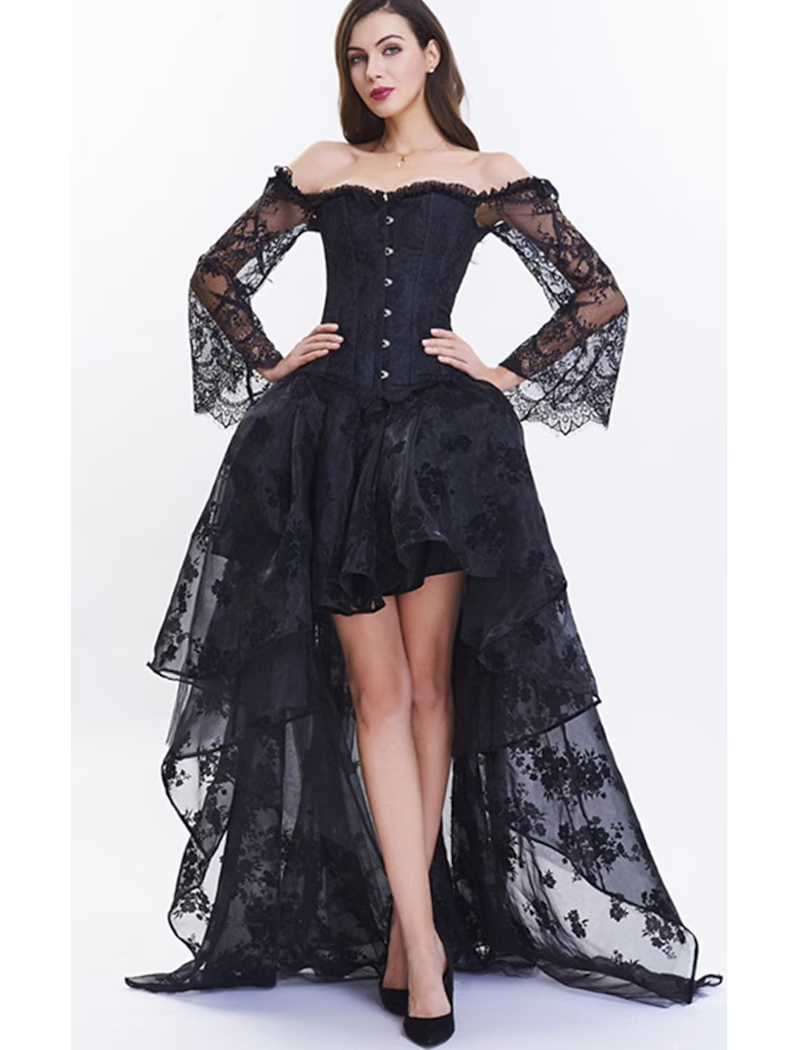 A-Line Prom Dresses Vintage Dress Masquerade Asymmetrical Long Sleeve Off Shoulder Lace with Appliques