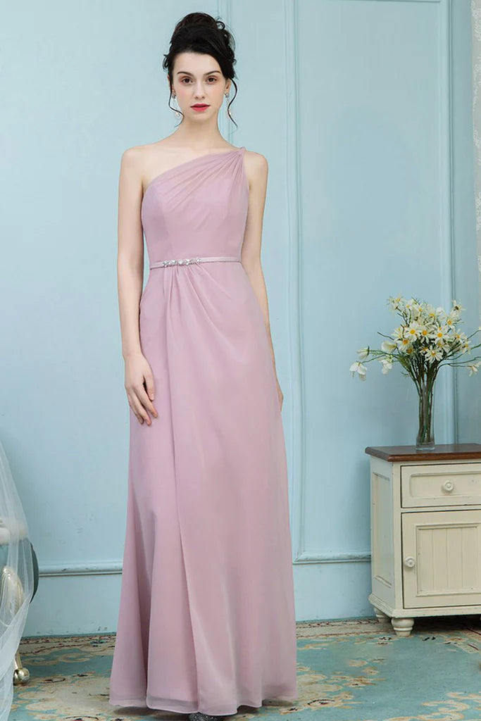 Brenna Floor Length One Shoulder Natural Waist Sheath/Column Chiffon Sleeveless Bridesmaid Dresses