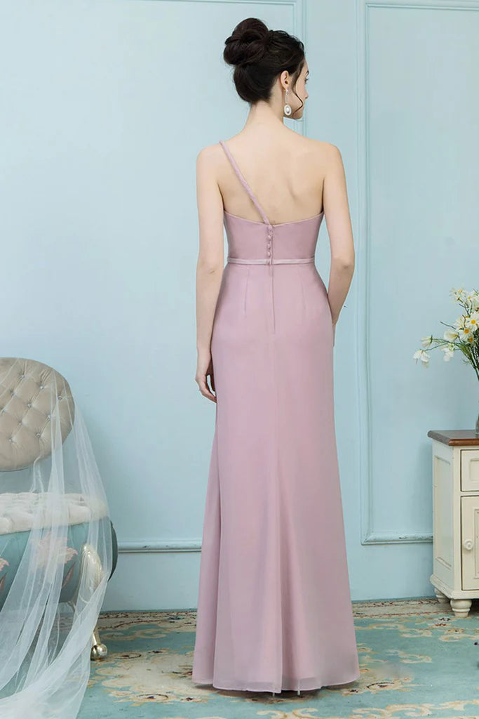 Brenna Floor Length One Shoulder Natural Waist Sheath/Column Chiffon Sleeveless Bridesmaid Dresses