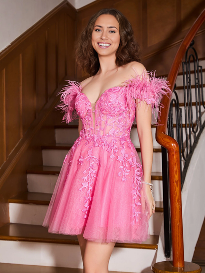 Homecoming Dresses Feather Adorned Off-The-Shoulder Dress