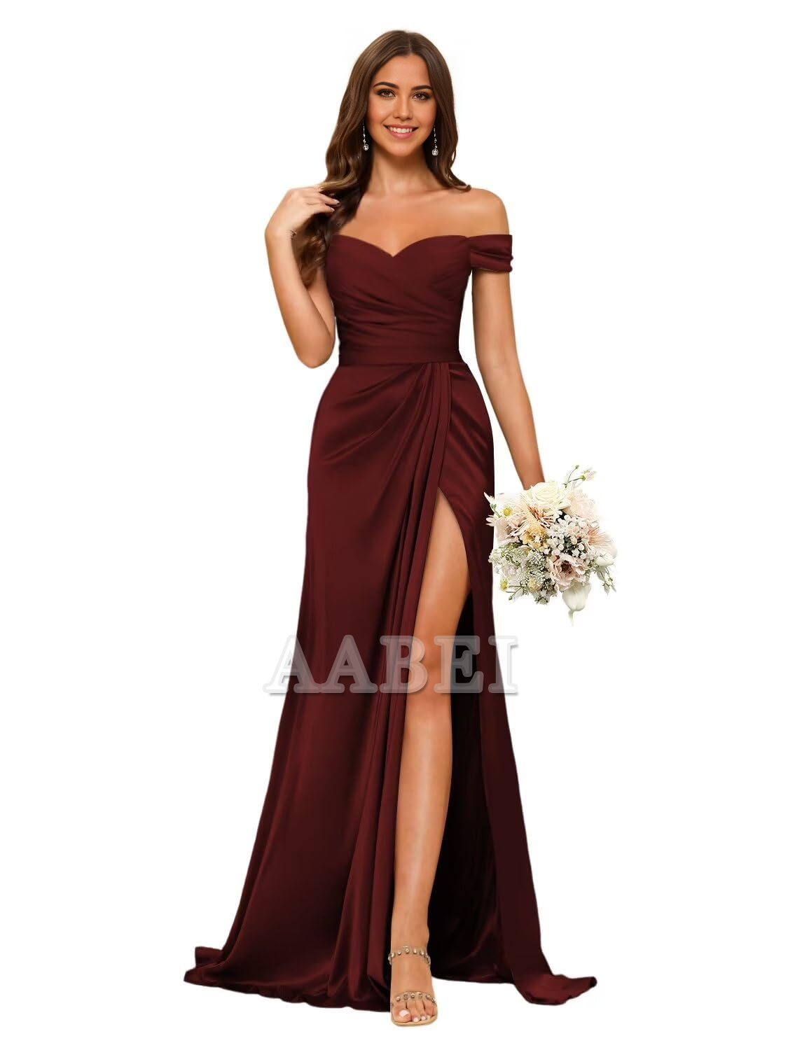 Bridesmaid Dresses Elegant Off Shoulder Mermaid Side Fork Long Ruched Satin Wedding Guest Dresses