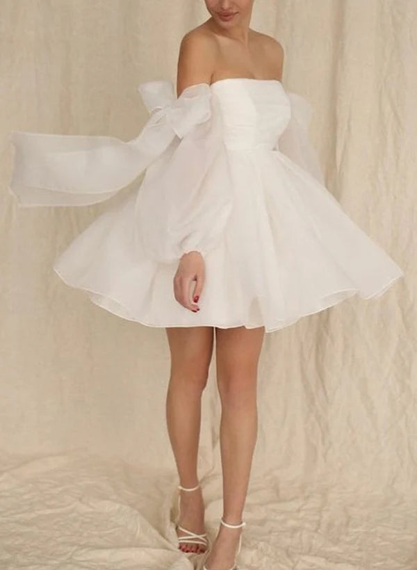 Wedding Dresses A-Line Puff Long Sleeves Short With Bows