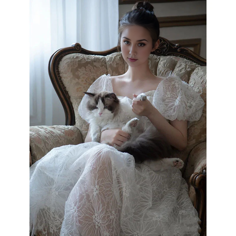 Wedding Dress A Line Tulle Short Sleeves Heart-Shaped Collar Lace Formal Wear Dresses