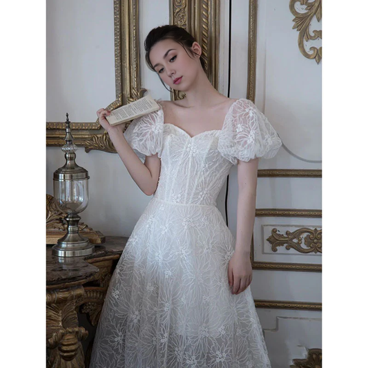Wedding Dress A Line Tulle Short Sleeves Heart-Shaped Collar Lace Formal Wear Dresses